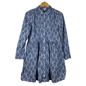 J.Crew Women's Long Sleeve Fit Flare Shirt Dress 8 Blue Floral Paisley Preppy